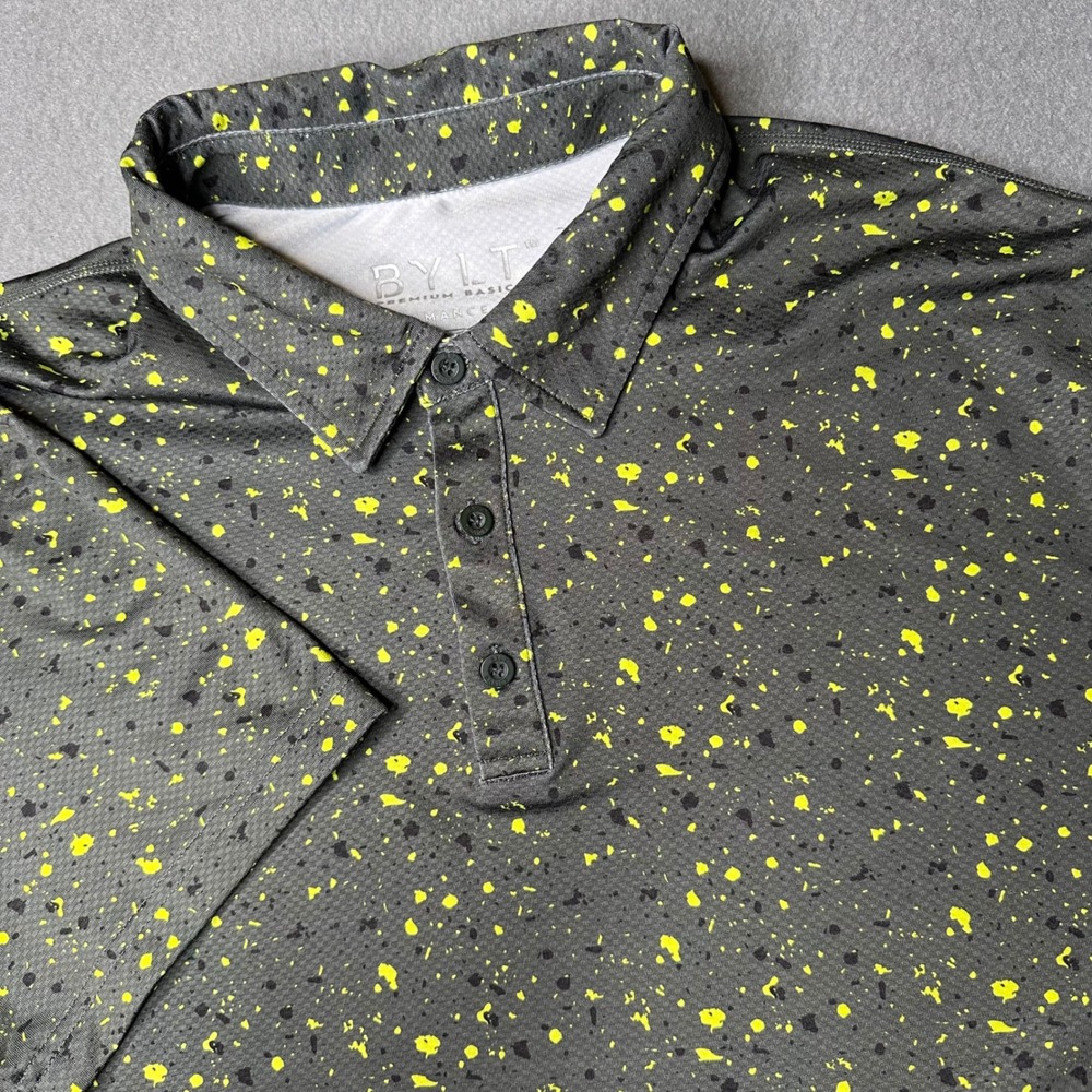 BYLT Performance Polo Mens Medium Grey Neon Yellow Splatter Short Sleeve Shirt